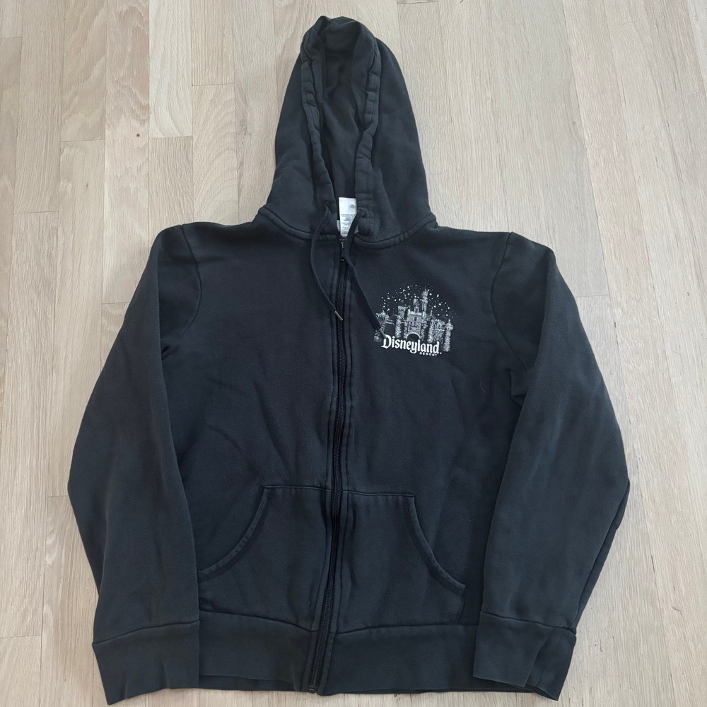 Disney Parks Zip Up Hoodie Womens Large Black Used Disneyland Castle Graphic